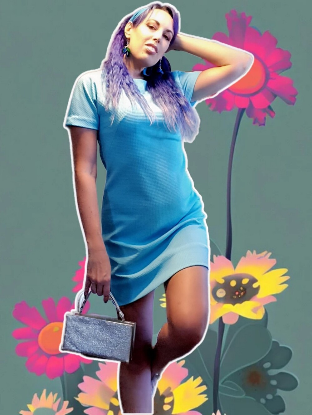 Vintage 1960s handmade Mod shift dress waffle knit turquoise size S/M